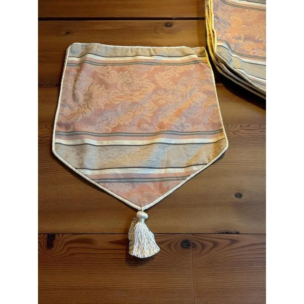 8 Damask Stripe Braided and Tassel Reversible Placemats Taupe / Tan Pink/ Salmon